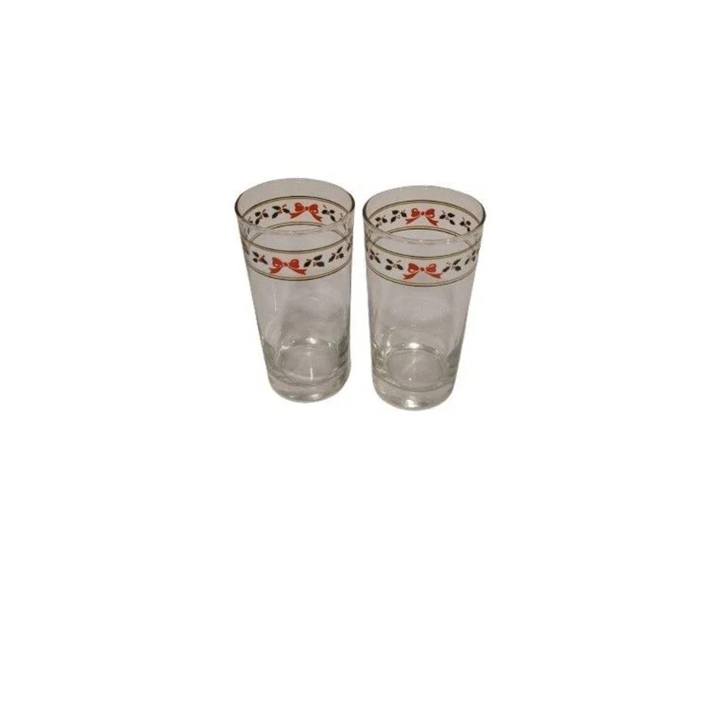Vintage Anchor Hocking AHC83 Bow and Holly Gold and Green Bands Tumbler Set of 4